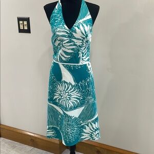 Ann Taylor Teal and White Floral Halter Dress